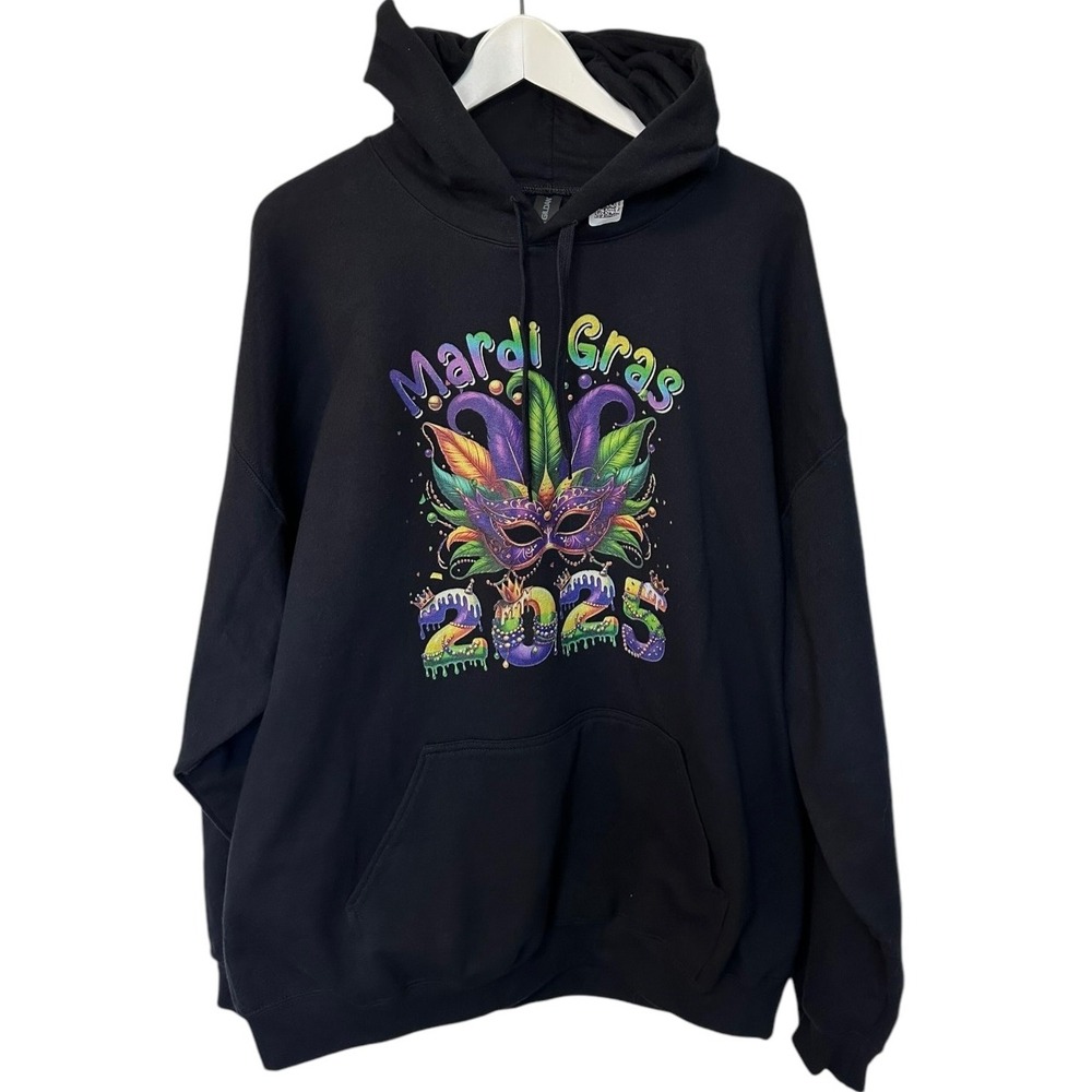 Mardi Gras 2025 Hoodie Mask Graphic Pullover Sweatshirt‎ Black
